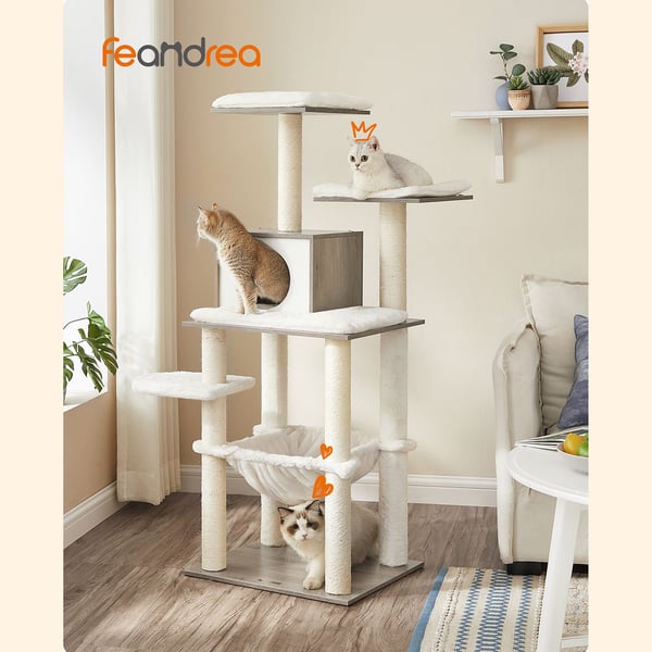 Greige PCT164G01 138 cm kattetræ Moderne kattemøbler Multi-Tier Cat Scratching Post Cuddly Cave Sisal Posts Hammock Platforms Soft Plush Washable Cush