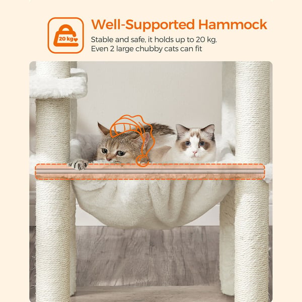 Greige PCT164G01 138 cm kattetræ Moderne kattemøbler Multi-Tier Cat Scratching Post Cuddly Cave Sisal Posts Hammock Platforms Soft Plush Washable Cush