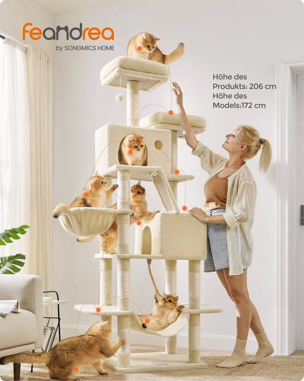 Feandrea PCT190M01 Stor klösbräda för katter, 206 cm hög, XXL katträd med 13 klösbrädor, 2 plattformar, 2 grottor, korg, hängmatta, plyschbollar, klös