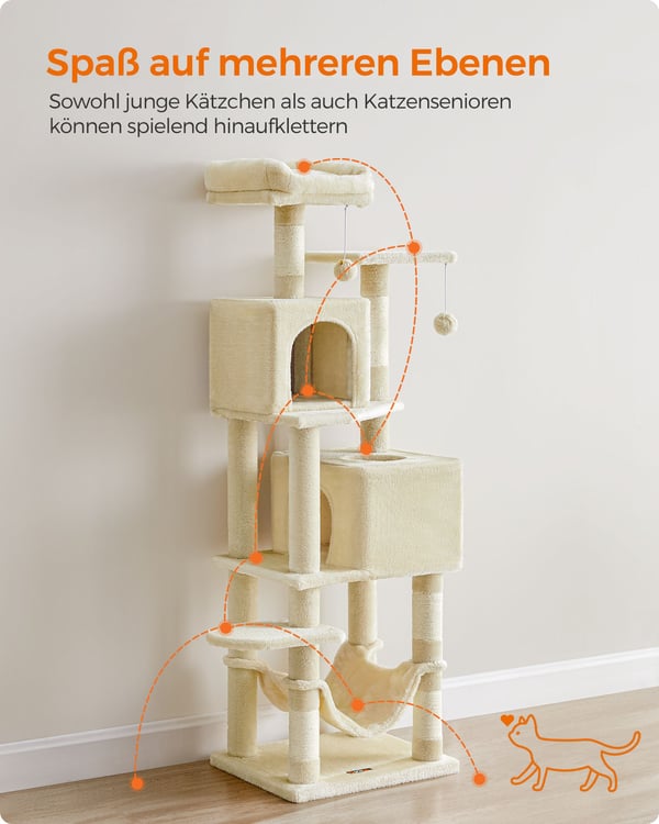 Kradsetræ 155 cm med platforme og hængekøje beige