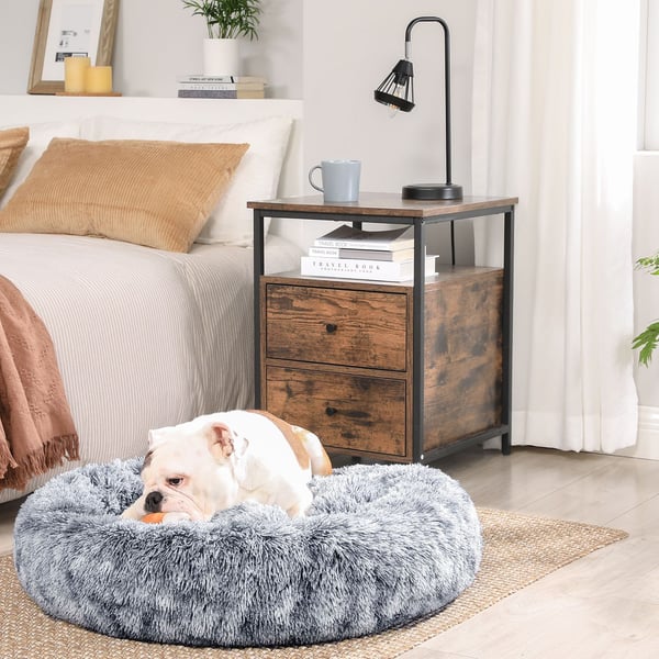 Hundeseng, Donut katteseng, fluffy beroligende kæledyrsseng med aftageligt, vaskbart betræk, blød lang plys, 80 cm, grå