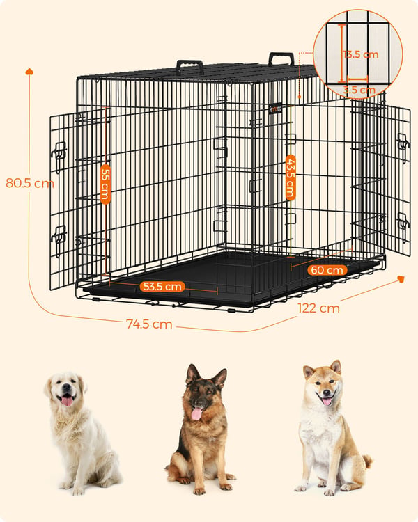 Hundebur, sammenklappeligt, 122 cm langt, 2 døre, XXL, sort PPD48H