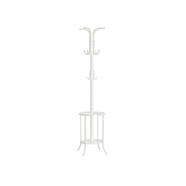 Frakkestativ fritstående, frakkestativ med paraplyholder, 12 kroge, metal, 175 cm høj, til entré, gang, stue, soveværelse, perlehvid
