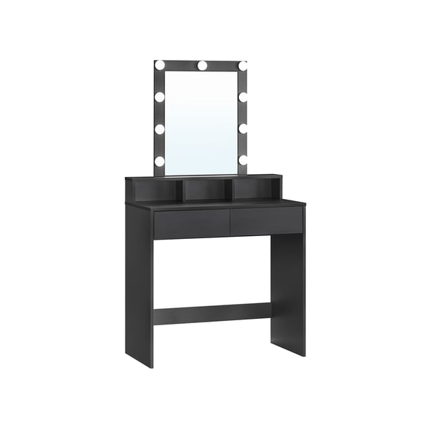 Sminkbord, LED-lampor med justerbar ljusstyrka, sminkbord med spegel, 2 lådor och 3 fack, modernt, svart RDT114T16