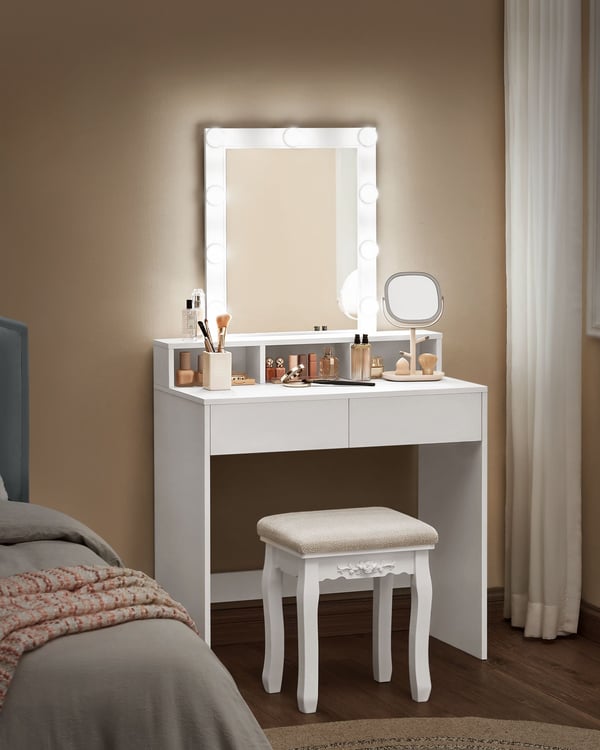 RDT114W01 Toiletbord med spejl og pærer, kosmetikbord med 2 skuffer og 3 åbne rum, toiletbord til makeup, moderne, hvidt