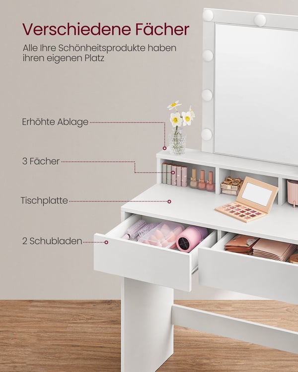 RDT114W01 Toiletbord med spejl og pærer, kosmetikbord med 2 skuffer og 3 åbne rum, toiletbord til makeup, moderne, hvidt