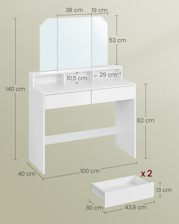 Toiletsbord med tredobbelt spejl, makeupbord med 2 skuffer og 3 åbne rum, toiletbord, moderne stil, hvid RDT115W01
