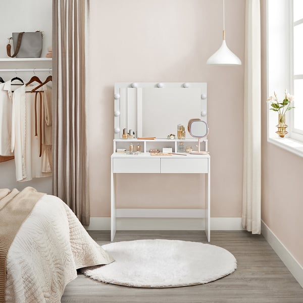 Toiletsbord med 9 LED-pærer og spejl Justerbar lysstyrke 2 skuffer og 3 åbne rum Skuffer Moderne hvid RDT120T10