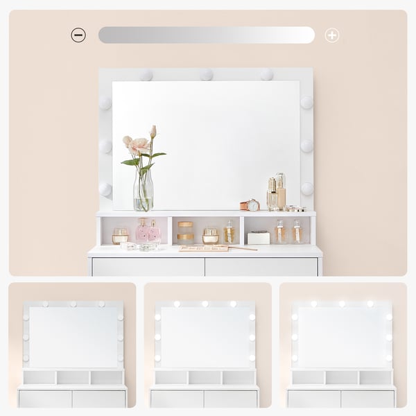 Toiletsbord med 9 LED-pærer og spejl Justerbar lysstyrke 2 skuffer og 3 åbne rum Skuffer Moderne hvid RDT120T10