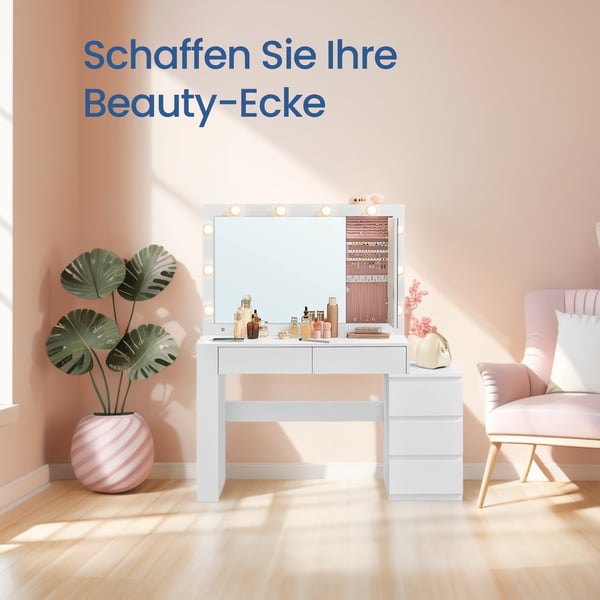 Toiletbord med LED-belysning, toiletbord med spejl, smykkeskab