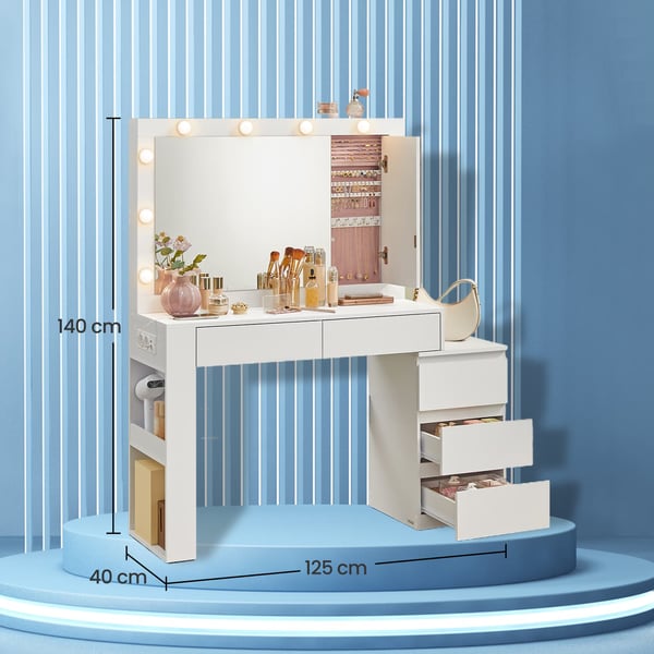 Toiletbord med LED-belysning, toiletbord med spejl, smykkeskab