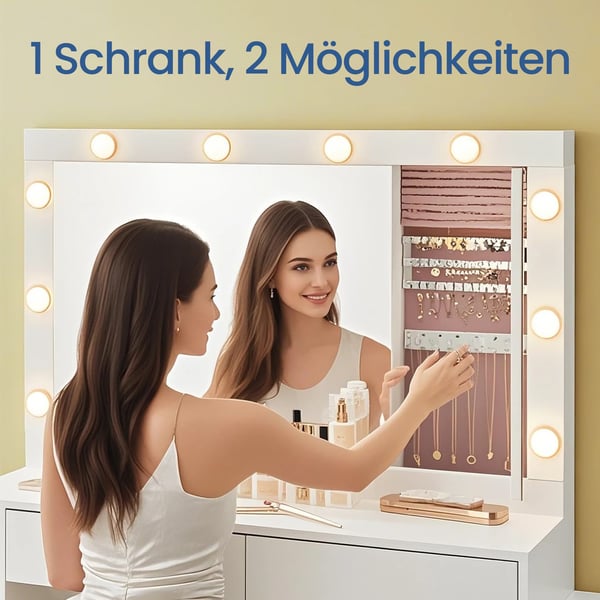 Toiletbord med LED-belysning, toiletbord med spejl, smykkeskab