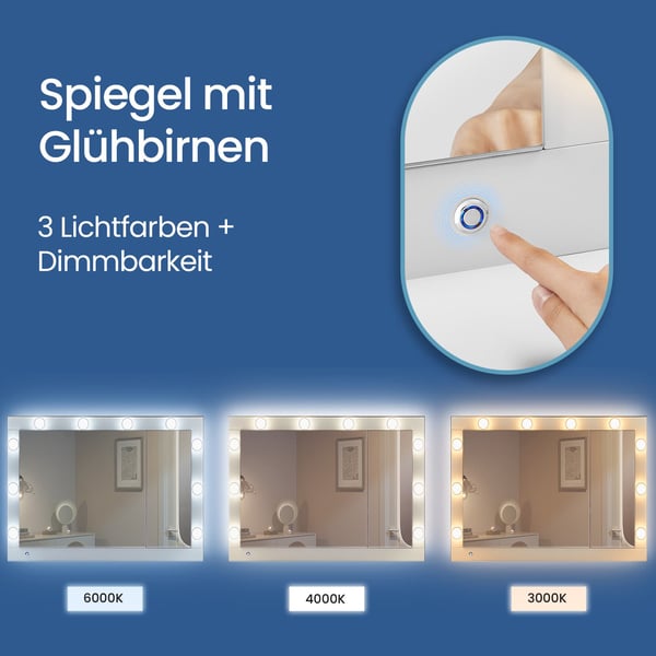 Toiletbord med LED-belysning, toiletbord med spejl, smykkeskab