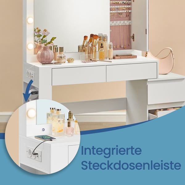 Toiletbord med LED-belysning, toiletbord med spejl, smykkeskab