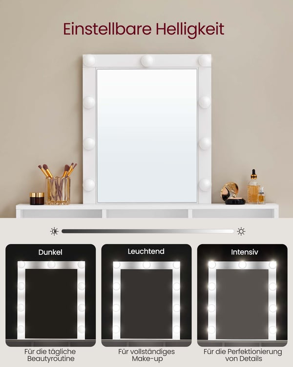 Toiletbord, LED-lys med justerbar lysstyrke, makeupbord med spejl, 2 skuffer og 3 rum, makeupstation, moderne, hvid RDT164W01