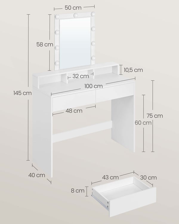Toiletbord, LED-lys med justerbar lysstyrke, makeupbord med spejl, 2 skuffer og 3 rum, makeupstation, moderne, hvid RDT164W01