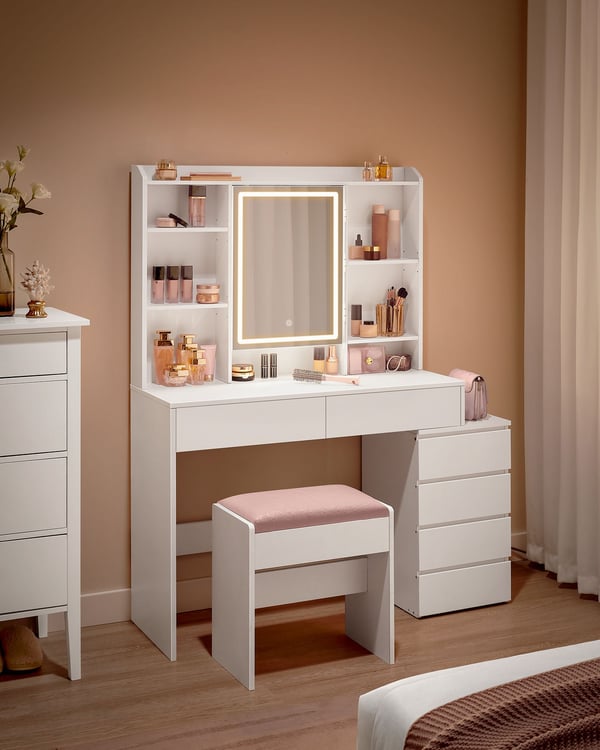Vasagle Makeupbord med LED-belysning, justerbar ljusstyrke, spejl og opbevaring - Moderne skyhvid
