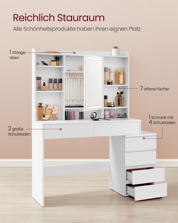 Vasagle Makeupbord med LED-belysning, justerbar ljusstyrke, spejl og opbevaring - Moderne skyhvid