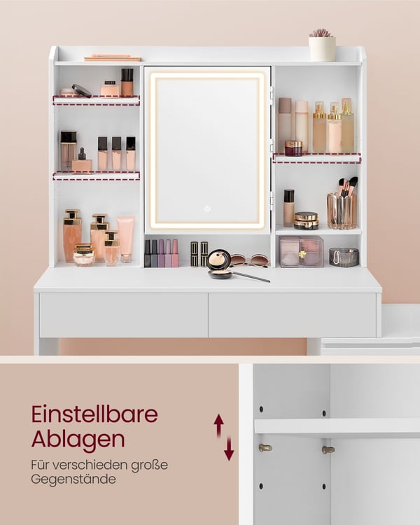 Vasagle Makeupbord med LED-belysning, justerbar ljusstyrke, spejl og opbevaring - Moderne skyhvid