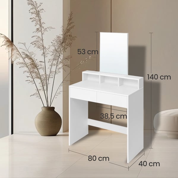 Toiletbord med stort spejl, sminkebord, 2 skuffer