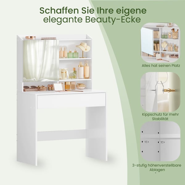 Toiletbord, toiletbord med spejl og en skuffe, kosmetikbord