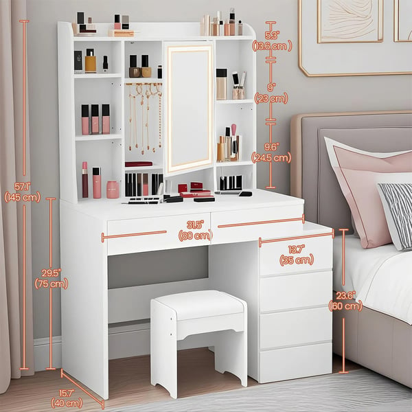 Sminkbord med LED-belysning, justerbar ljusfärg och ljusstyrka, sminkbord med spegel