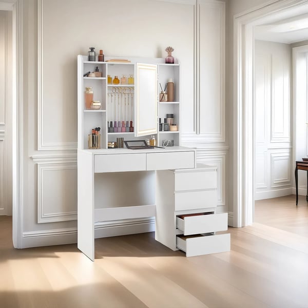 Sminkbord med LED-belysning, justerbar ljusfärg och ljusstyrka, sminkbord med spegel