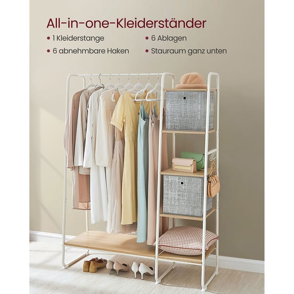 Tøjstativ, Garderobestativ, 45 x 120 x 160 cm, Garderobestativ med tøjstang, Skostativ, Åben garderobe, 6 aftagelige kroge, Soveværelse, Entre, Eg Hvi