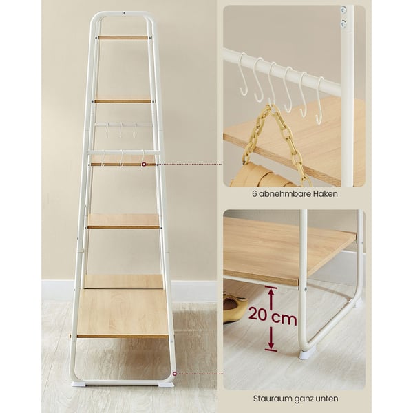 Tøjstativ, Garderobestativ, 45 x 120 x 160 cm, Garderobestativ med tøjstang, Skostativ, Åben garderobe, 6 aftagelige kroge, Soveværelse, Entre, Eg Hvi
