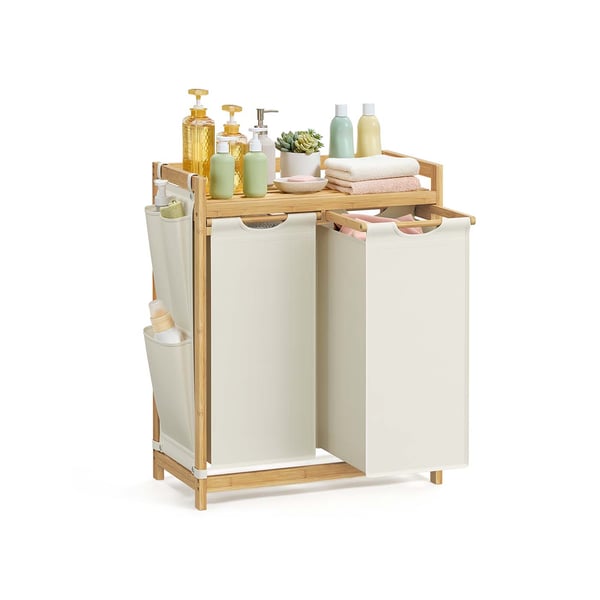 Pyykkikori 2 osastolla, bambu pyykkikori, 100 litran tilavuus hyllyllä, sivutaskut, 2 x 50 L, 63 x 33 x 78 cm, Creme valkoinen Pyykkikori 2 osastolla, bambu pyykkikori, 100 litran tilavuus hyllyllä, sivutaskut, 2 x 50 L, 63 x 33 x 78 cm, Creme valkoinen