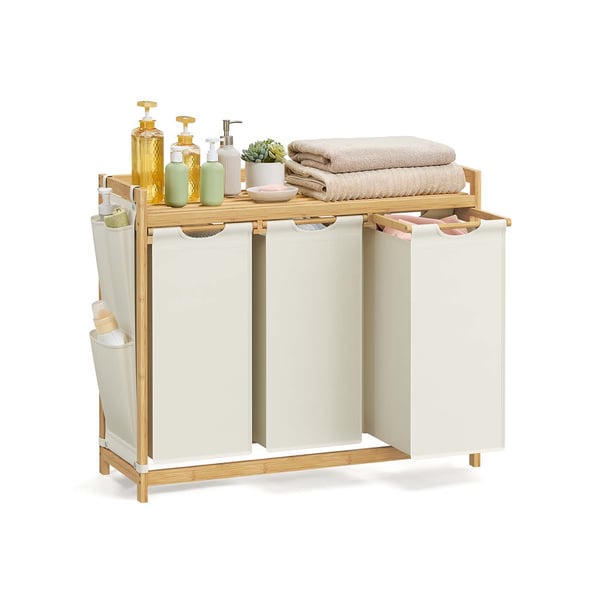 Tvättkorg med 3 fack, Tvättkorg, rymmer upp till 150 L, Tvättsorterare, med hylla, Tvättsäck, Sidofickor, 3 x 50 L, 94 x 33 x 78 cm, Cream White