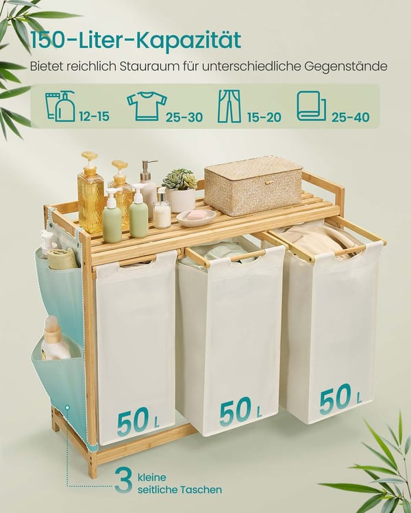 Vasketøjskurv med 3 rum, vasketøjskurv, rummer op til 150 L, vasketøjssortering, med hylde, vasketøjspose, sidelommer, 3 x 50 L, 94 x 33 x 78 cm, crem