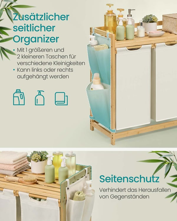 Vasketøjskurv med 3 rum, vasketøjskurv, rummer op til 150 L, vasketøjssortering, med hylde, vasketøjspose, sidelommer, 3 x 50 L, 94 x 33 x 78 cm, crem
