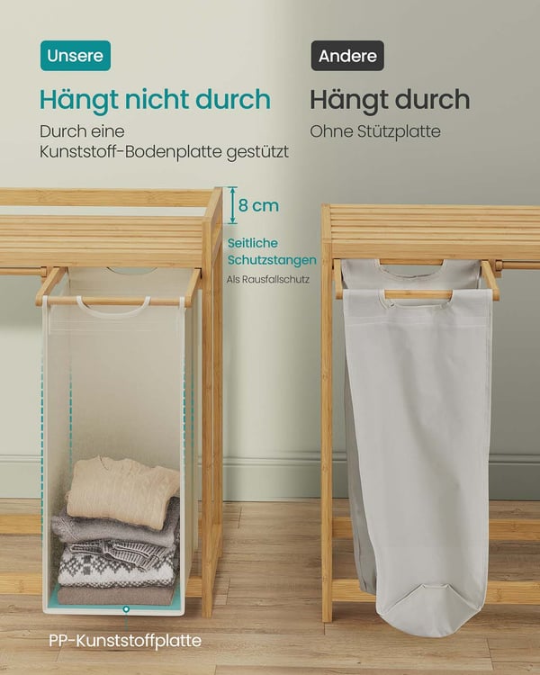 Vasketøjskurv med 3 rum, vasketøjskurv, rummer op til 150 L, vasketøjssortering, med hylde, vasketøjspose, sidelommer, 3 x 50 L, 94 x 33 x 78 cm, crem