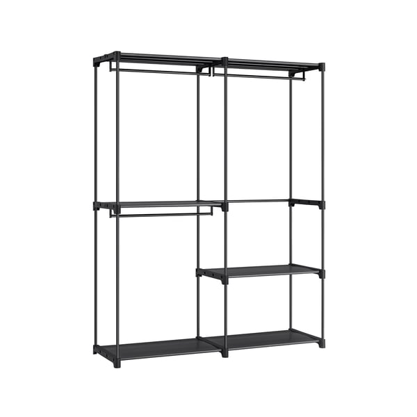 Tøjgarderobe, bærbart klædeskab, tøjstativ, 43 x 138 x 182 cm, 3 bøjlestænger og hylder, stor kapacitet til soveværelse, stue, vaskerum, sort RYG025B02