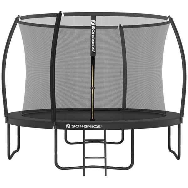 Trampolin 305 cm d, havetrampolin til børn med sikkerhedsnet, 180 cm høje buede stænger, kantafdækning, stige, stålramme, sort STR102B01