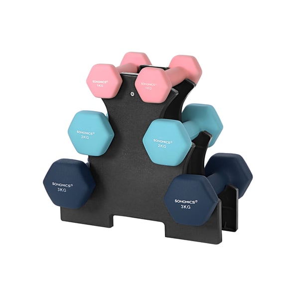 Hex käsipainot setti jalustalla - 2 x 1 kg, 2 x 2 kg, 2 x 3 kg, Neopreeni mattapintainen, käsipainot kotiharjoitteluun, vaaleanpunainen, Aqua ja sininen SYL612MK