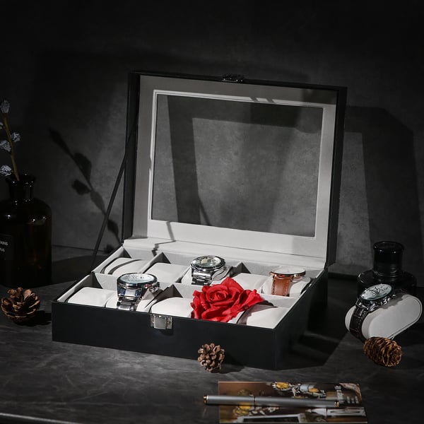Klockbox med 10 fack, klockfodral med glaslock, klockdisplay med löstagbara klockkuddar, metallspänne, presentidé, svart syntetiskt läder, grått foder