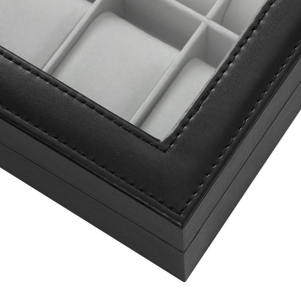Klockbox med 10 fack, klockfodral med glaslock, klockdisplay med löstagbara klockkuddar, metallspänne, presentidé, svart syntetiskt läder, grått foder
