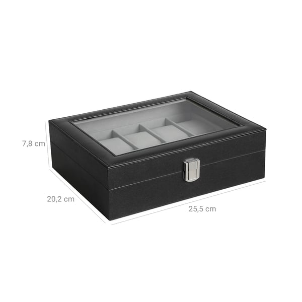 Klockbox med 10 fack, klockfodral med glaslock, klockdisplay med löstagbara klockkuddar, metallspänne, presentidé, svart syntetiskt läder, grått foder