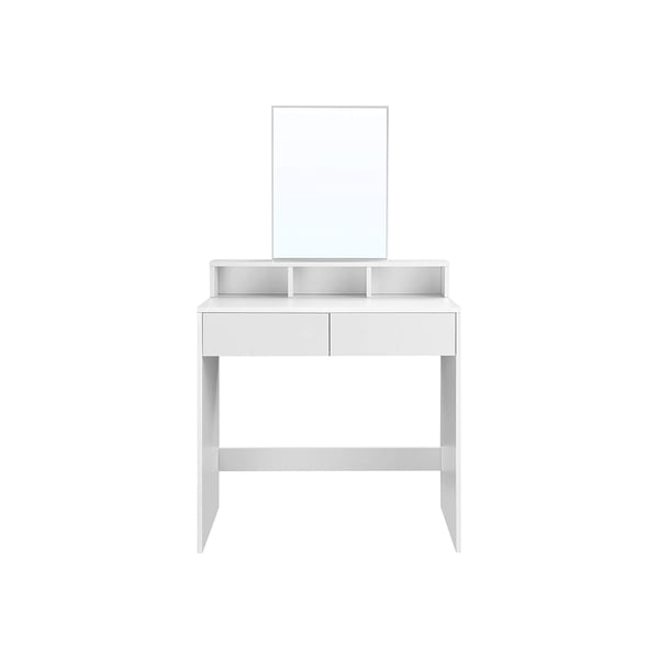Toiletsbord med stort rektangulært spejl, makeupbord med 2 skuffer og 3 åbne rum, toiletbord, moderne stil, hvid RDT113W01