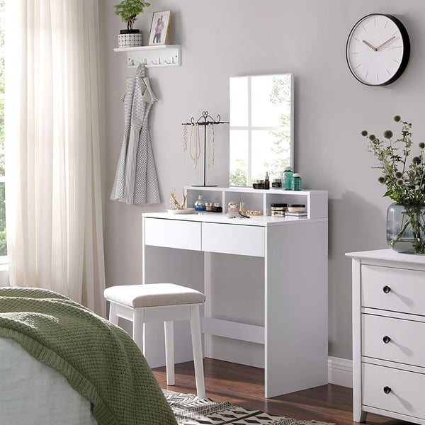 Toiletsbord med stort rektangulært spejl, makeupbord med 2 skuffer og 3 åbne rum, toiletbord, moderne stil, hvid RDT113W01