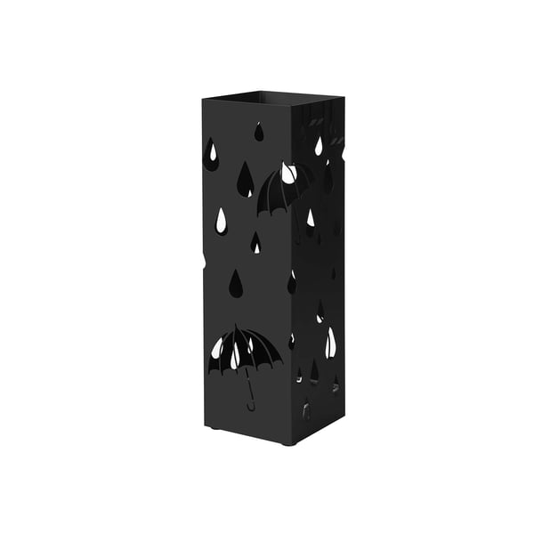 Paraplystativ i metal, firkantet paraplyholder med drypbakke og 4 kroge, 15,5 x 15,5 x 49 cm, sort