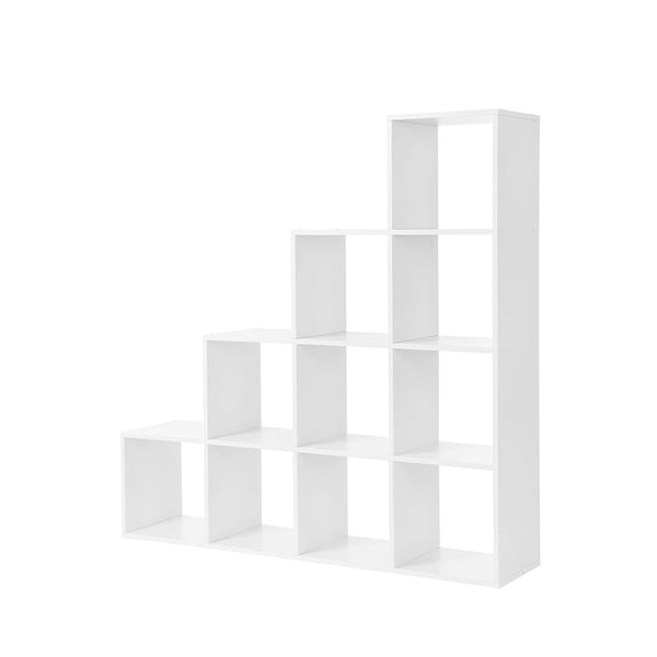 Kirjahylly, porrasjärjestäjä, 10 avointa kuutiota, puinen hylly, vapaasti seisova hylly, 129,5 x 29 x 129,5 cm, huoneenjakaja, valkoinen LBC10WTV1