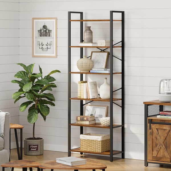Bokhylla, 6-fackshyllor med stålram, höga rustika hyllor för vardagsrum, kontor, arbetsrum, hall, industriell stil, 66 x 30 x 186 cm, rustik brun och