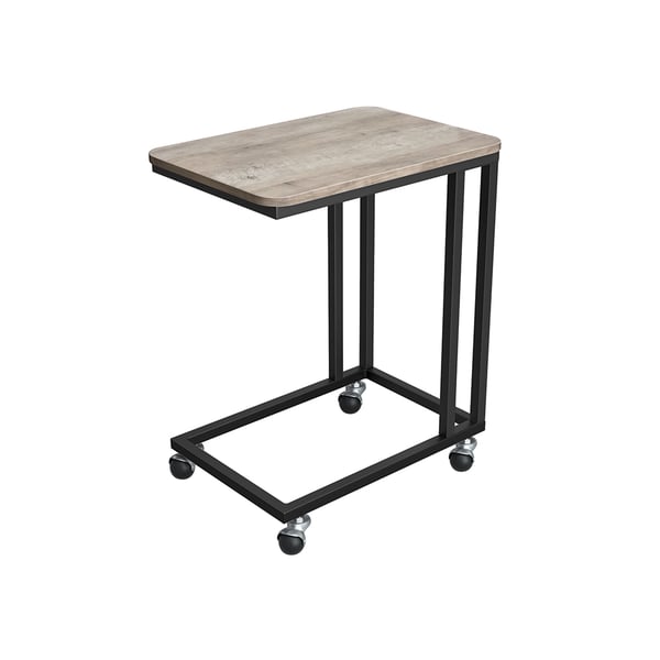 Sidebord, sofabord med stålstel og hjul, nem montering, industrielt, til stuen, soveværelset, altanen, gråbeige og sort