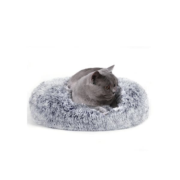 Hundeseng, Donut-katteseng, Blød og beroligende dyreseng med aftageligt, vaskbart betræk, Blødt langt plys, 50 cm, Grå