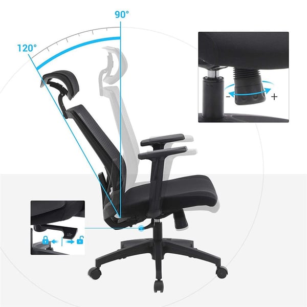 Kontorstol, skrivebordsstol i net, ergonomisk computerstol, 360° drejestol, justerbar lændestøtte, nakkestøtte og armlæn, låsbar hældningsvinkel op ti