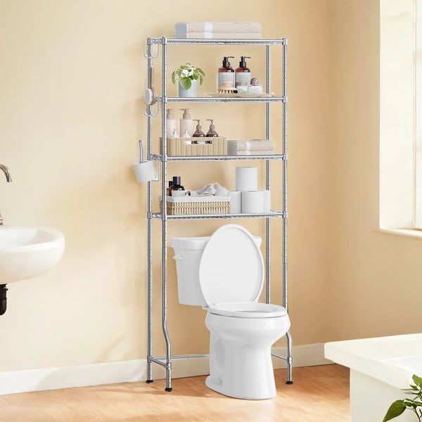 SONGMICS 4-lags toilet hylde med hylder og kroge, duvegrå
