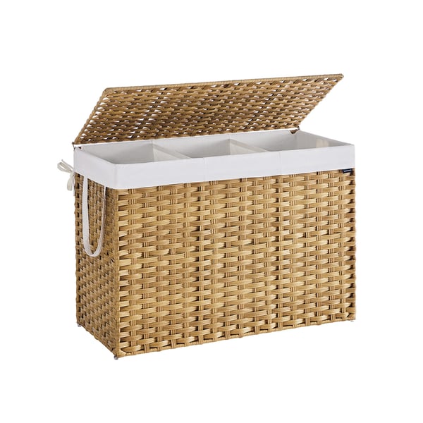 SONGMICS syntetisk rattan vasketøjskurv med 3 rum, naturfarve